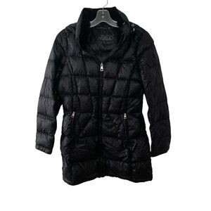 Andrew Marc Black Down Puffer Coat Size Small Women 650 Fill Mid Length Hood